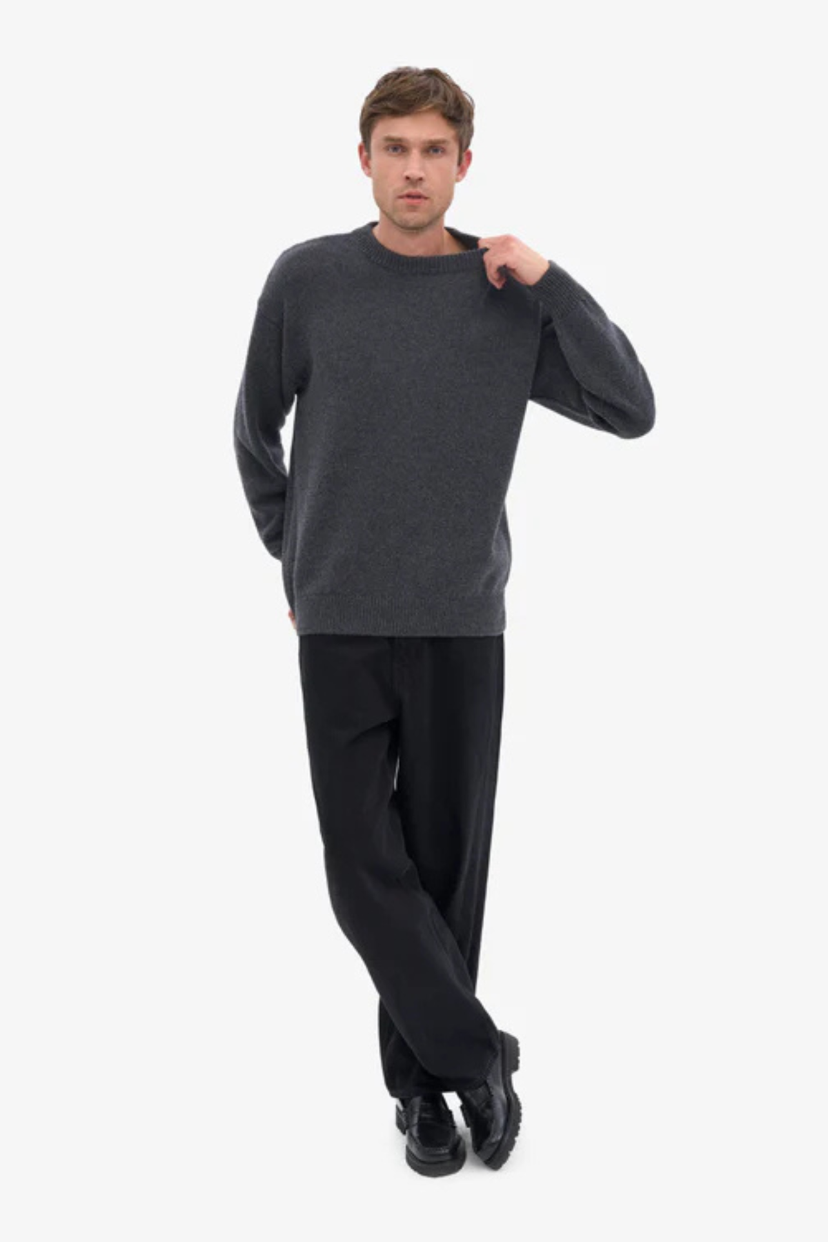 PULL COL ROND EN LAINE MÉRINOS SURDIMENSIONNÉ - GRIS LAVE