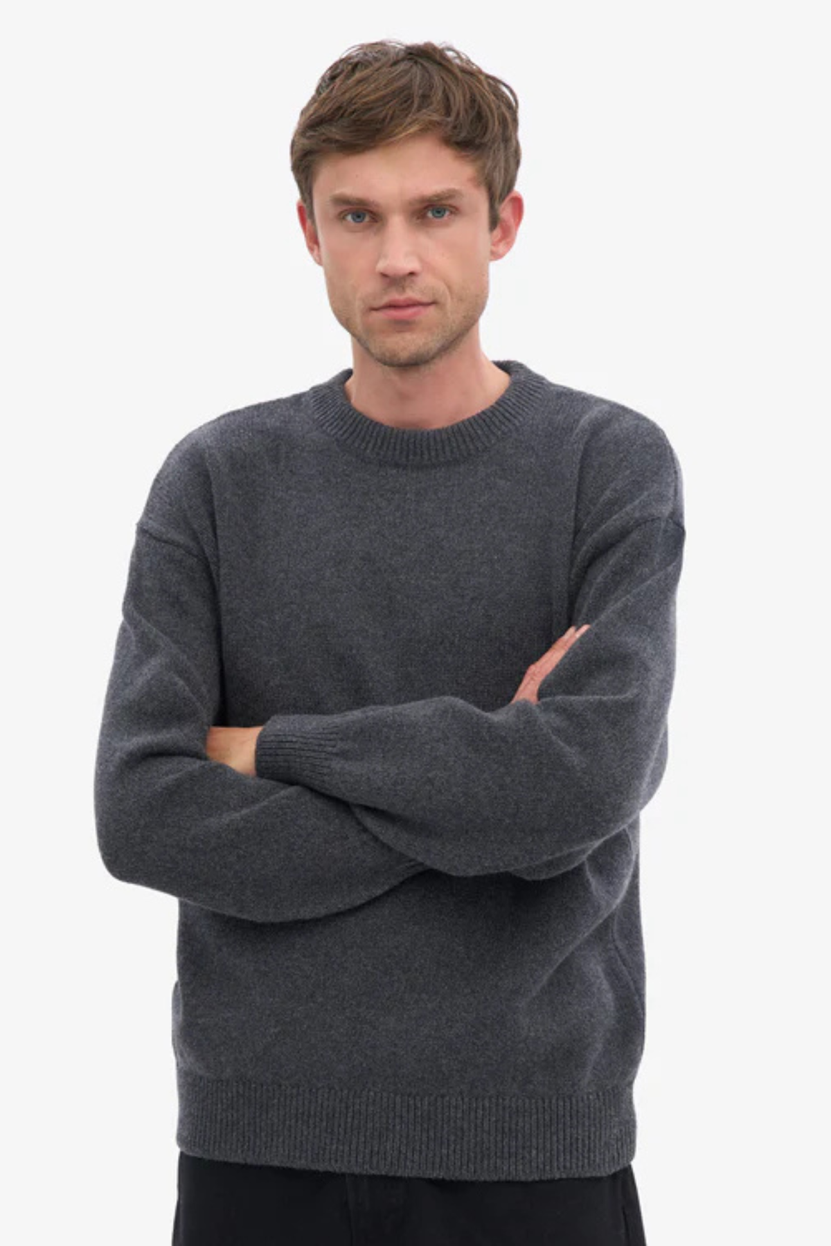 PULL COL ROND EN LAINE MÉRINOS SURDIMENSIONNÉ - GRIS LAVE