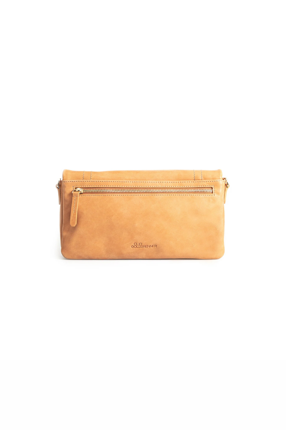 Clio Goldbrenner classic camel comus bag. Back flatlay view