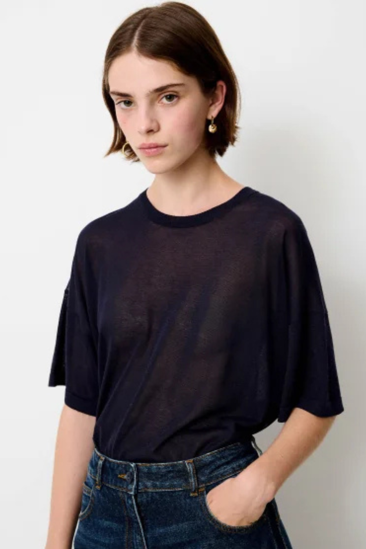 T-SHIRT EN MAILLE À MANCHES COURTES RONN - MARINE