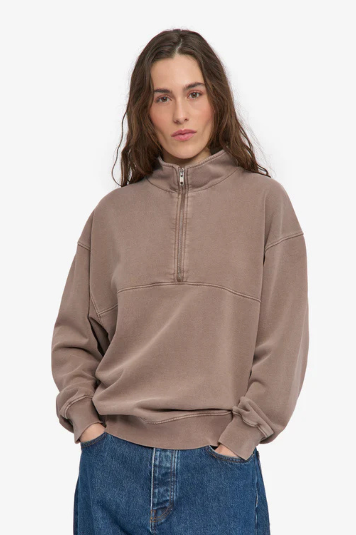 COL À ZIP EN COTON BIO - KAKI DÉLAVÉ