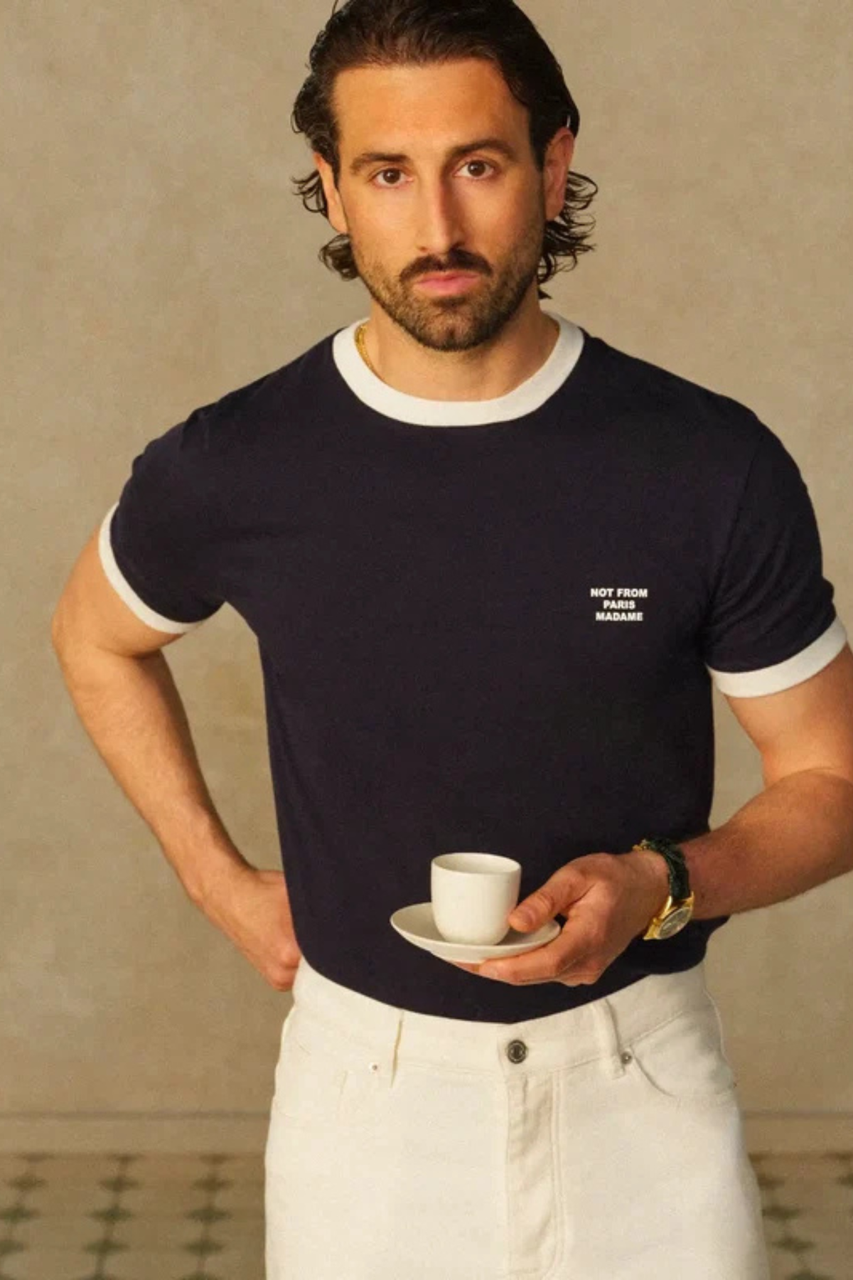 CONTRASTED SLOGAN T-SHIRT - NAVY