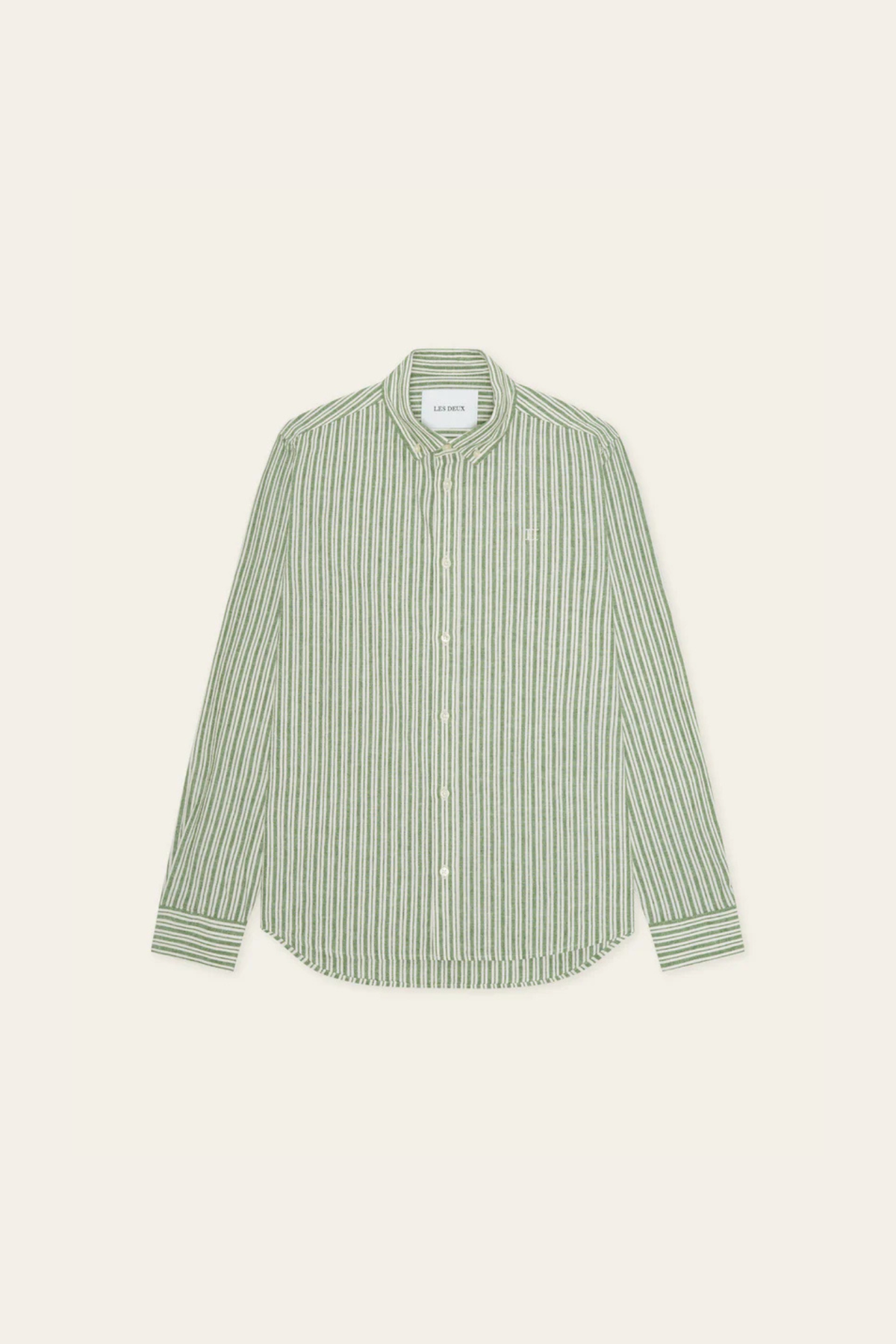 CHEMISE RAYÉE EN COTON ET LIN - VERT ARTICHAUT