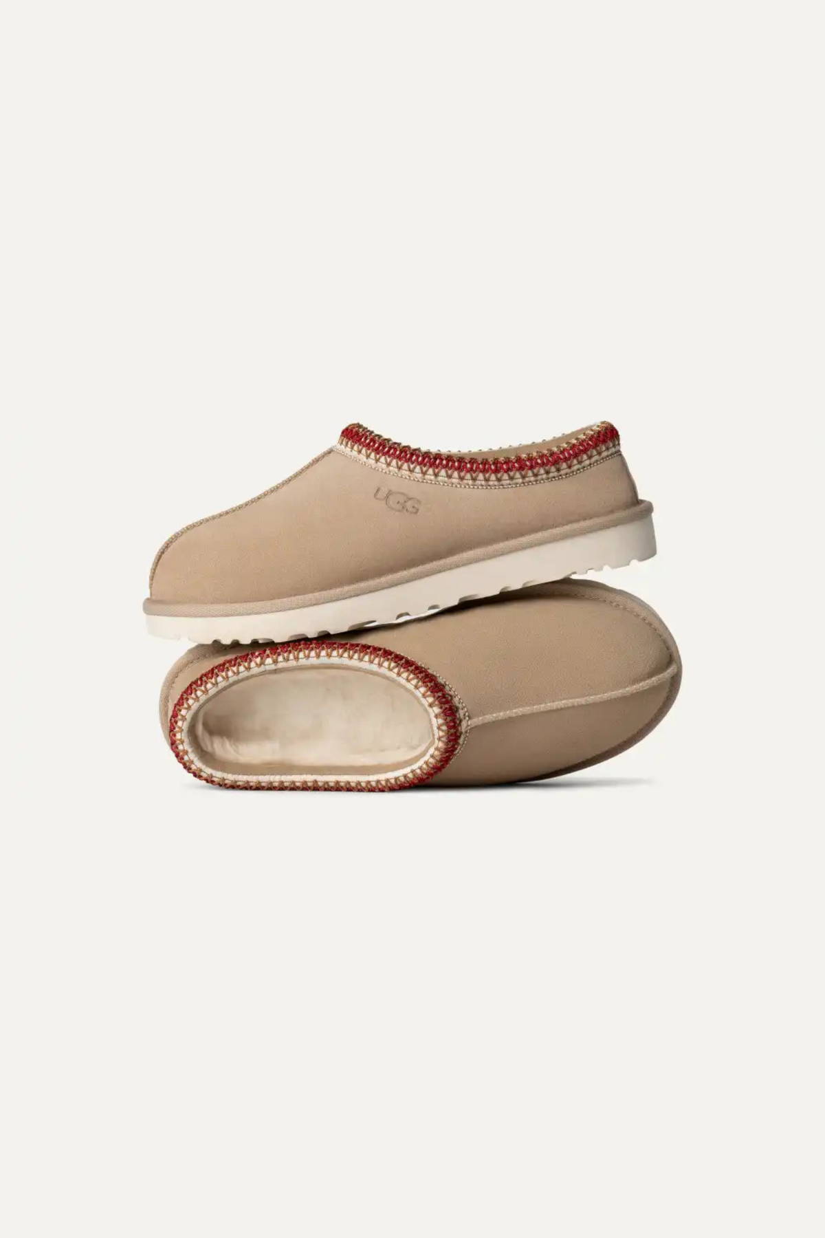 UGG women tasman in sand/dark cherry. Front view