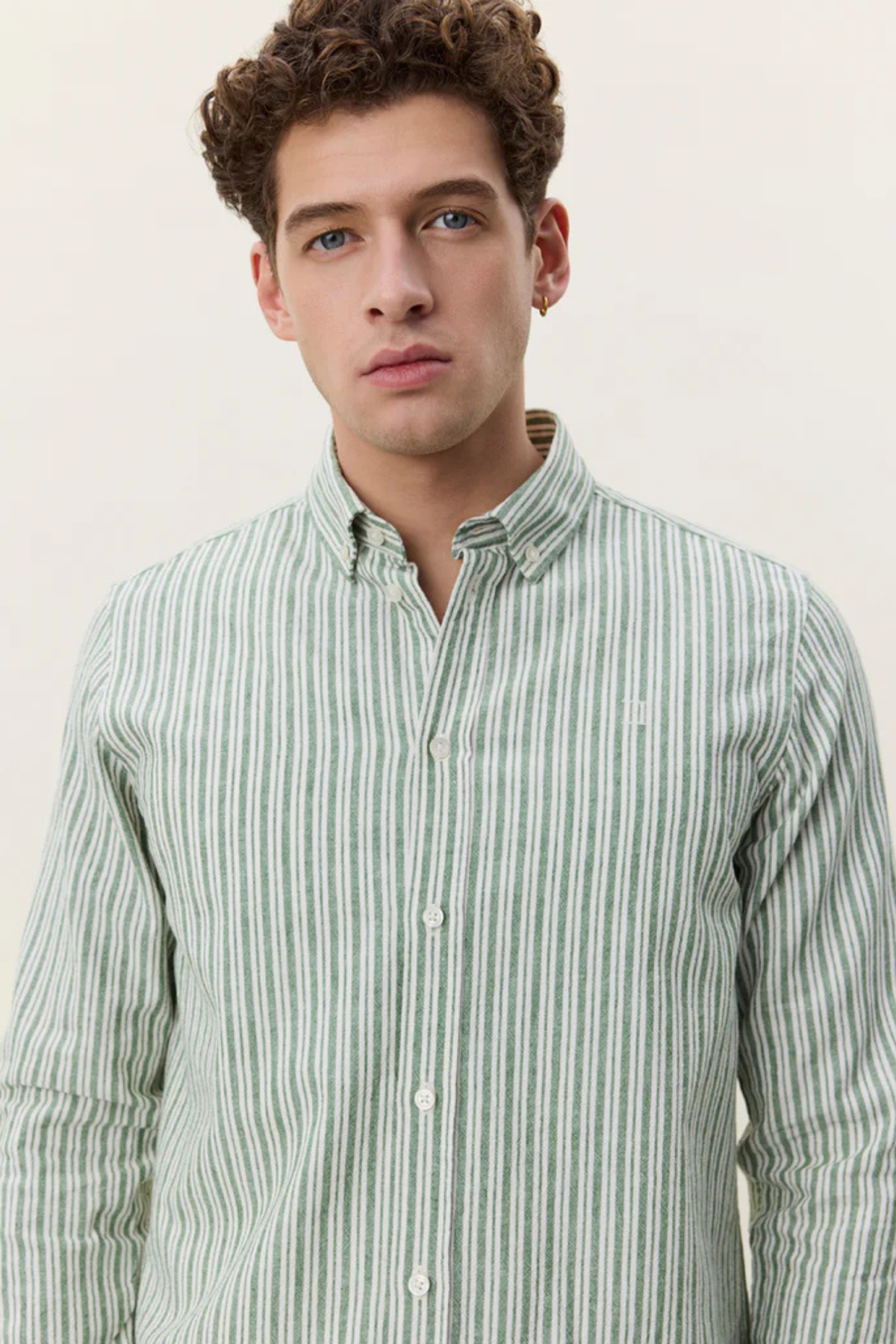 CHEMISE RAYÉE EN COTON ET LIN - VERT ARTICHAUT