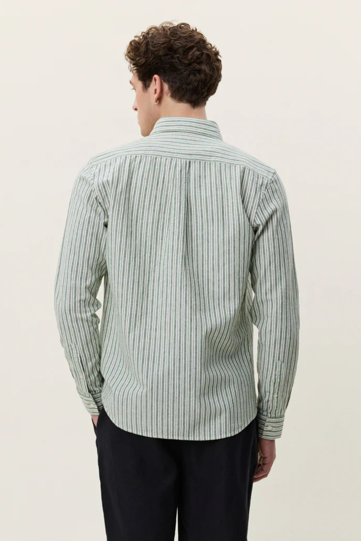 CHEMISE RAYÉE EN COTON ET LIN - VERT ARTICHAUT