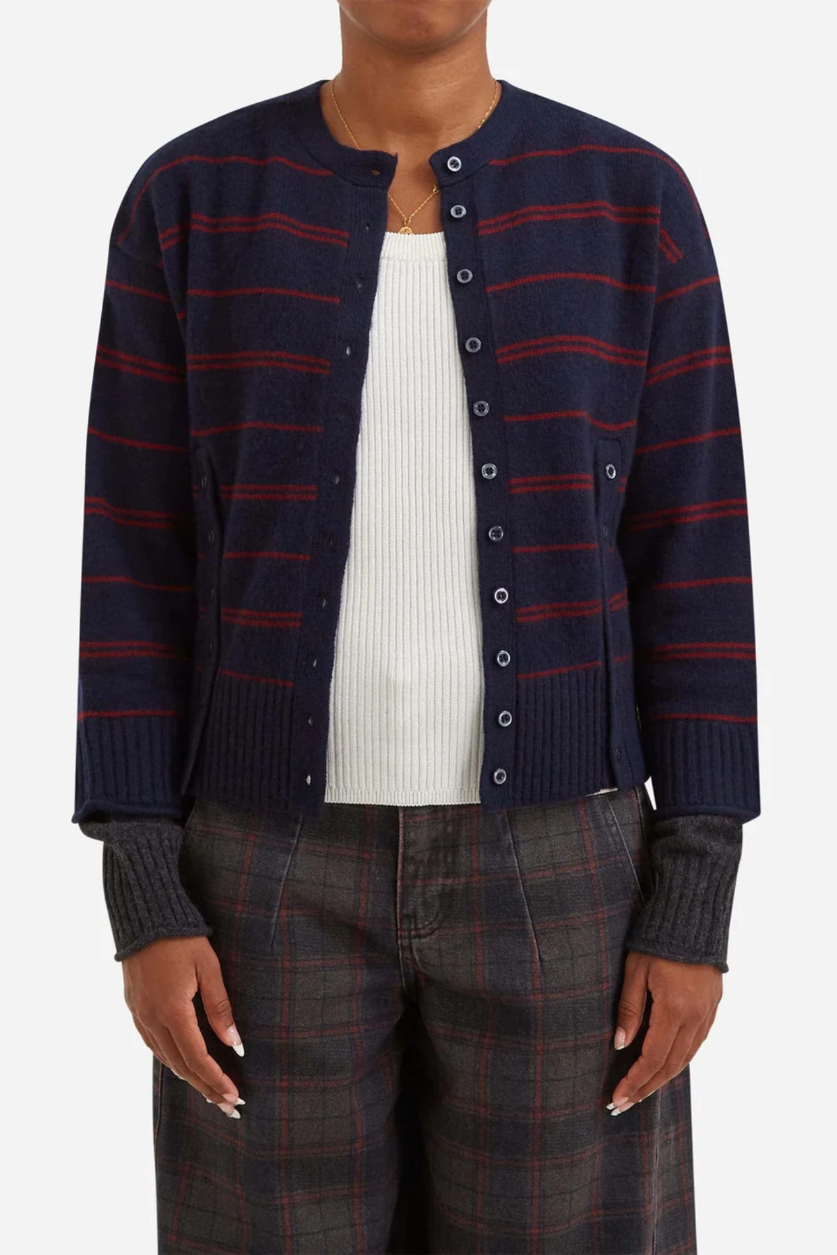 FRANNY MERINO WOLENEN CARDIGAN - MARINEBLAUWE STREEP