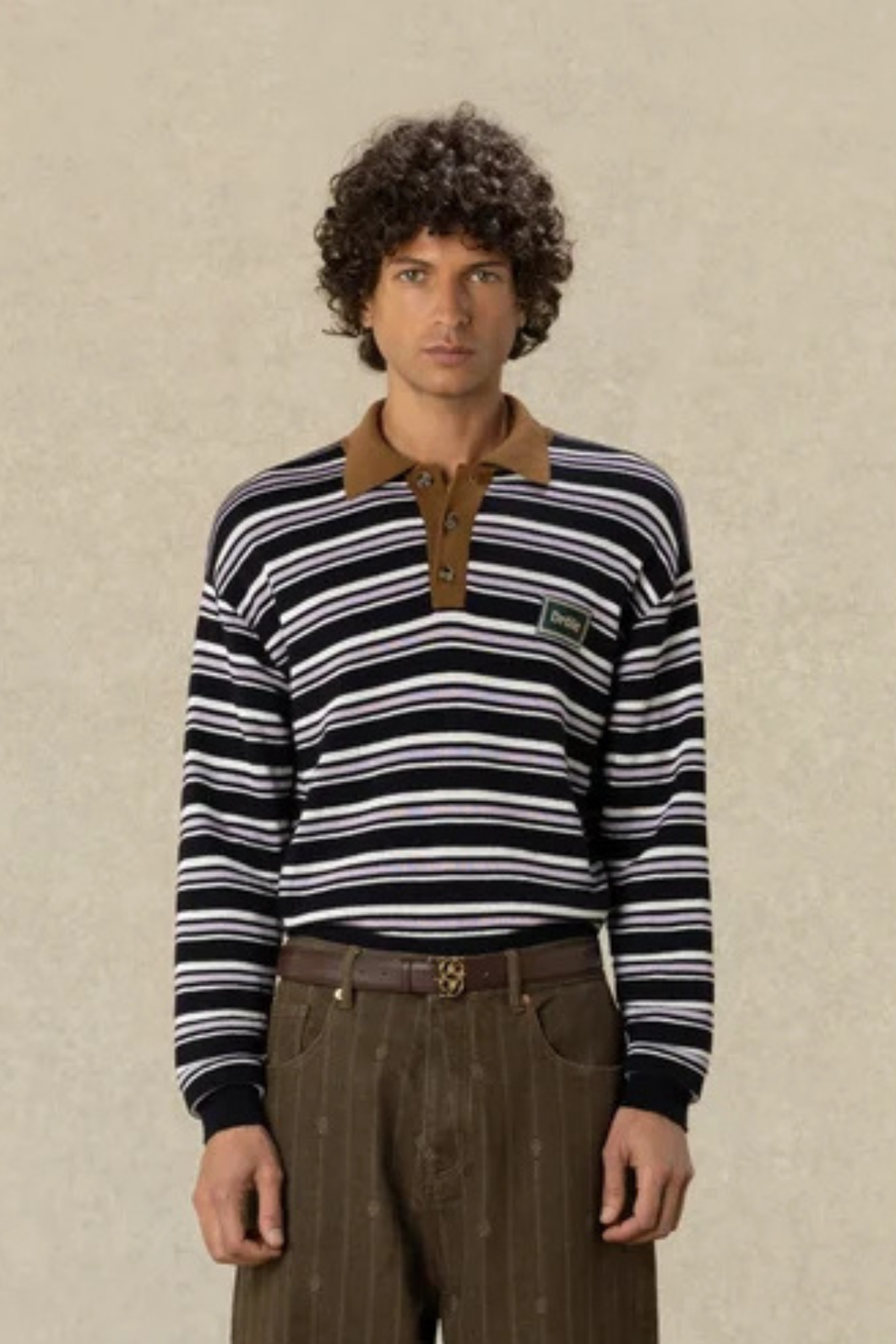 STRIPED KNITWEAR LONGSLEEVE POLO - NAVY