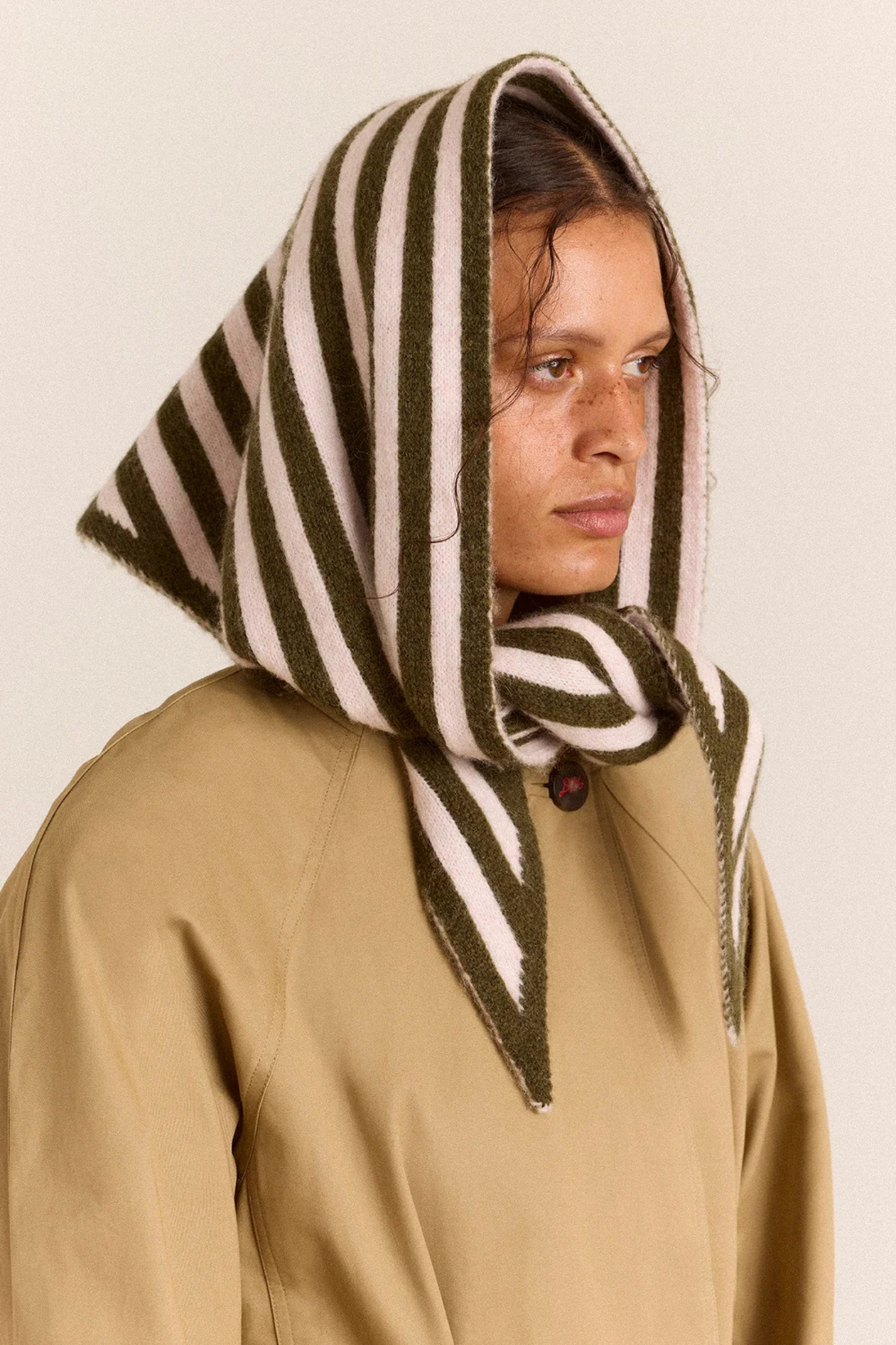 TRIANGLE SCARF - OLIVE - PINK STRIPE