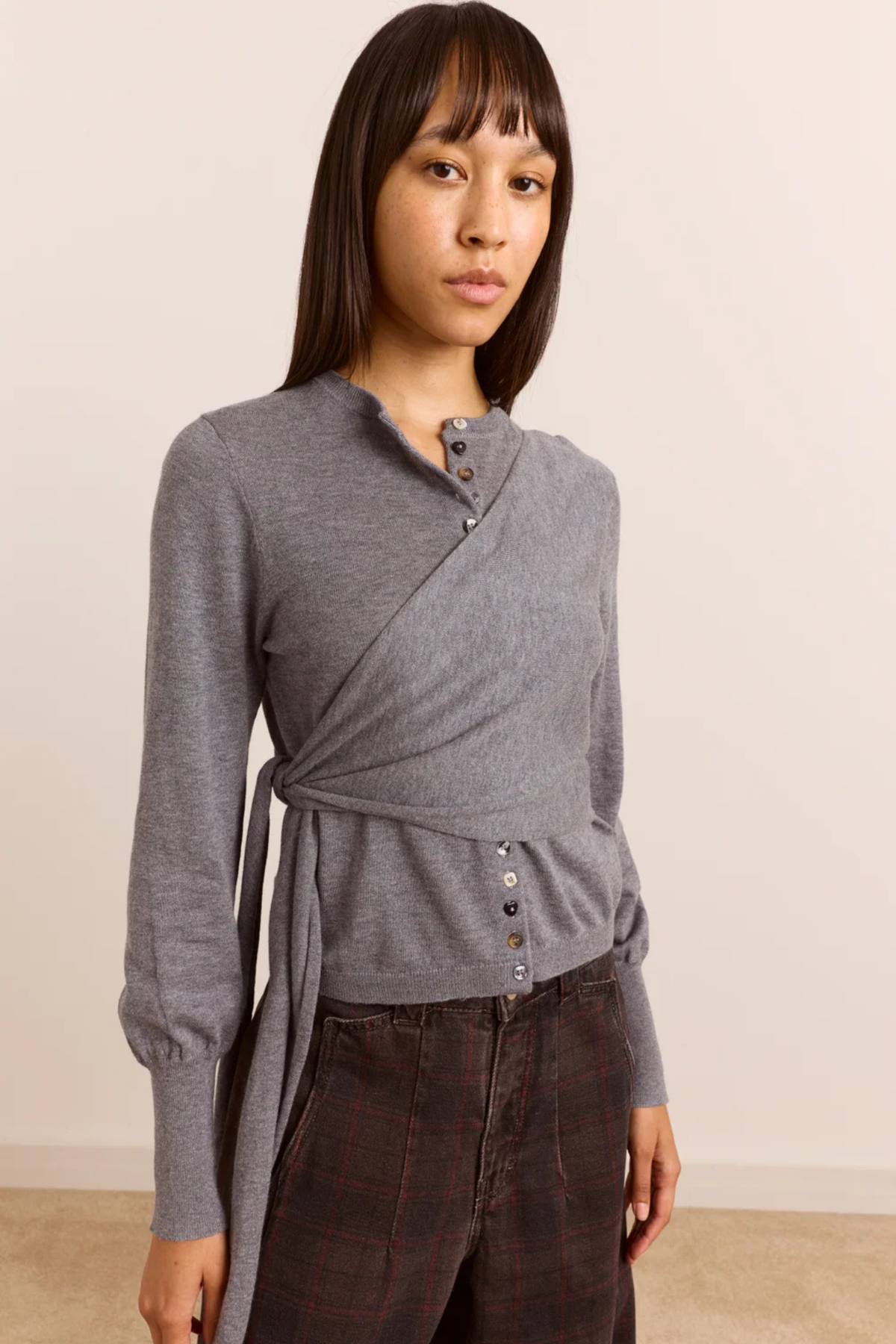VENNA WRAP MERINO WOOL BLEND CARDIGAN - GREY
