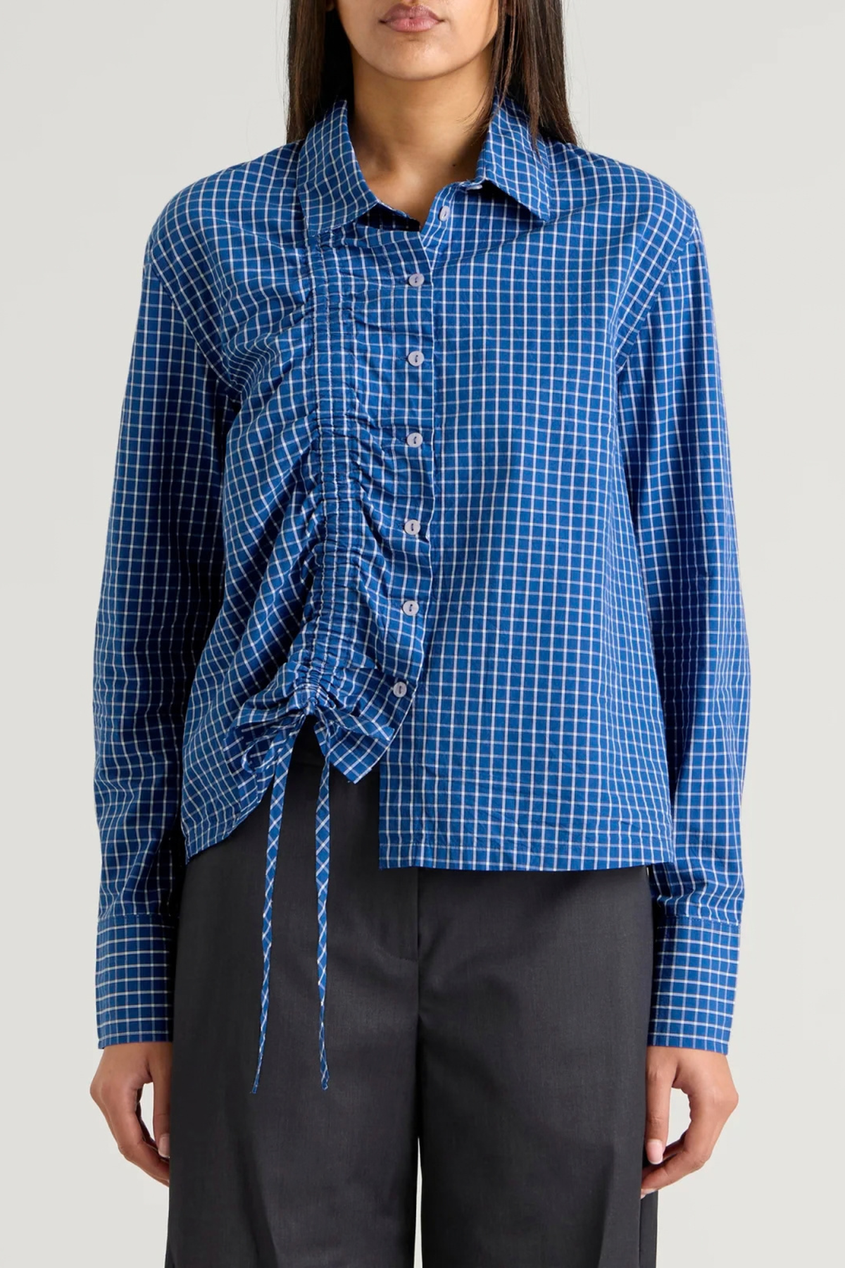 TALIA RUCHED SHIRT - BLUE CHECK