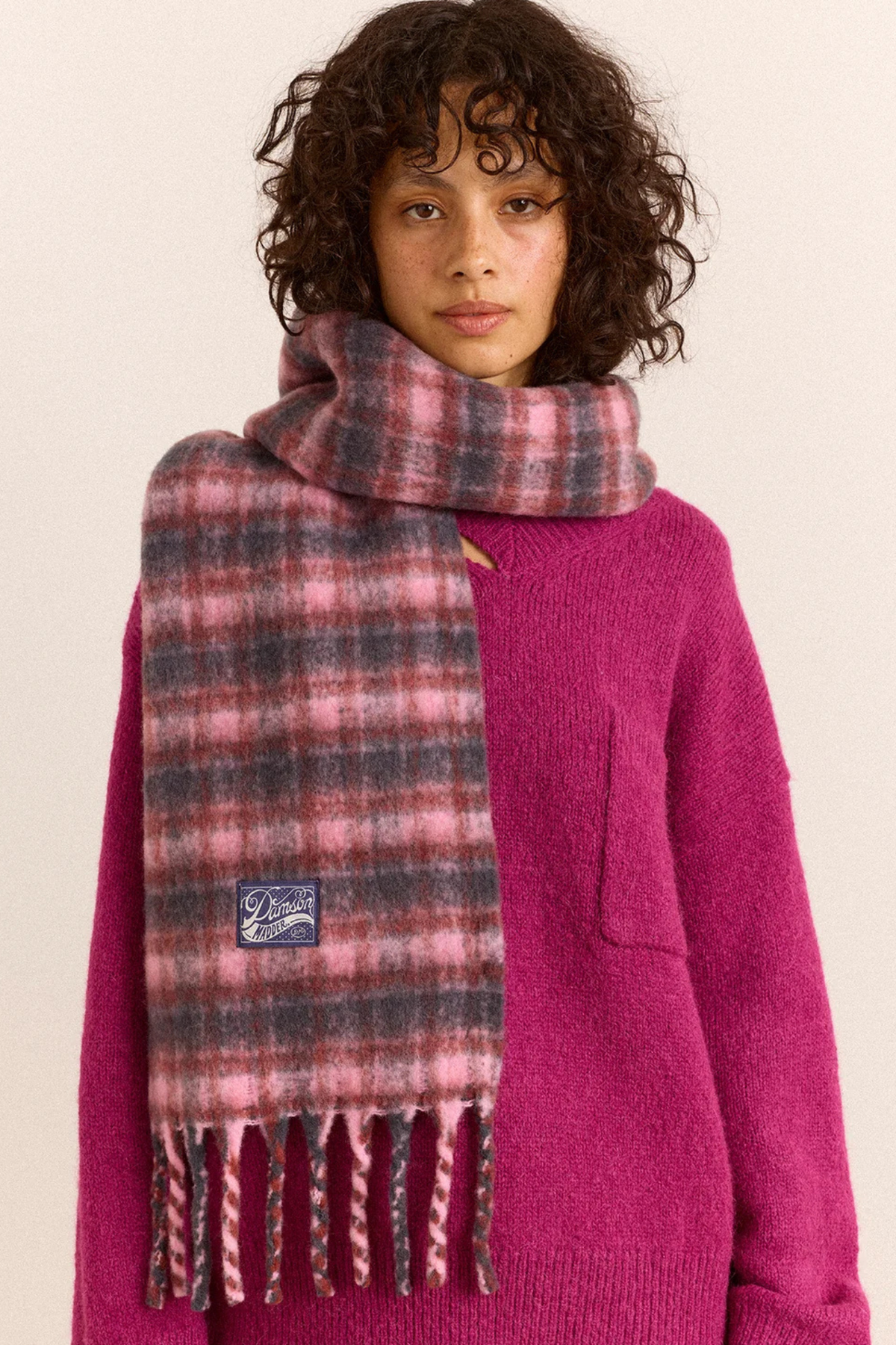 BRUSHED FLUFFY SCARF - MAGENTA CHECK