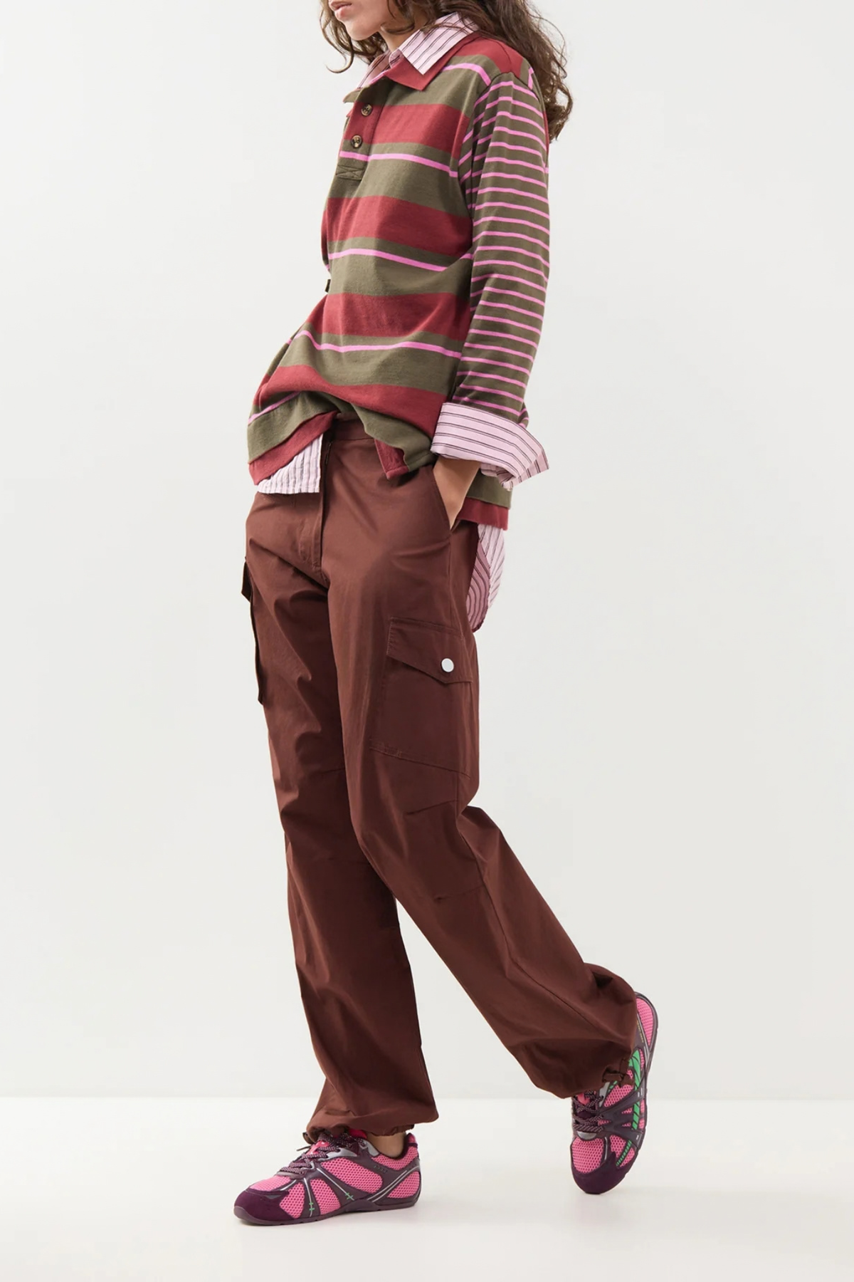 NOAH CINCH RUGBY SHIRT - OLIVE/PINK STRIPE