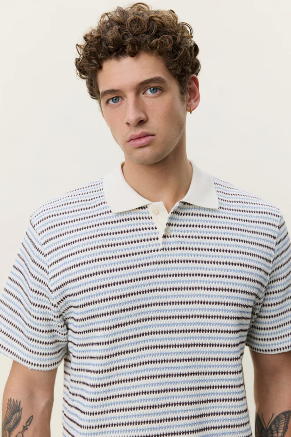 KNITTED STRIPED POLO - EGGNOG WHITE