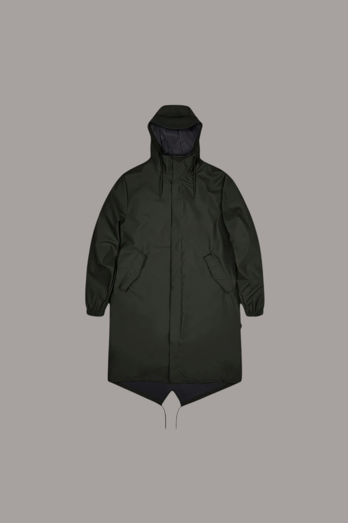 Rains fishtail parka W3 in green. Front flatlay view