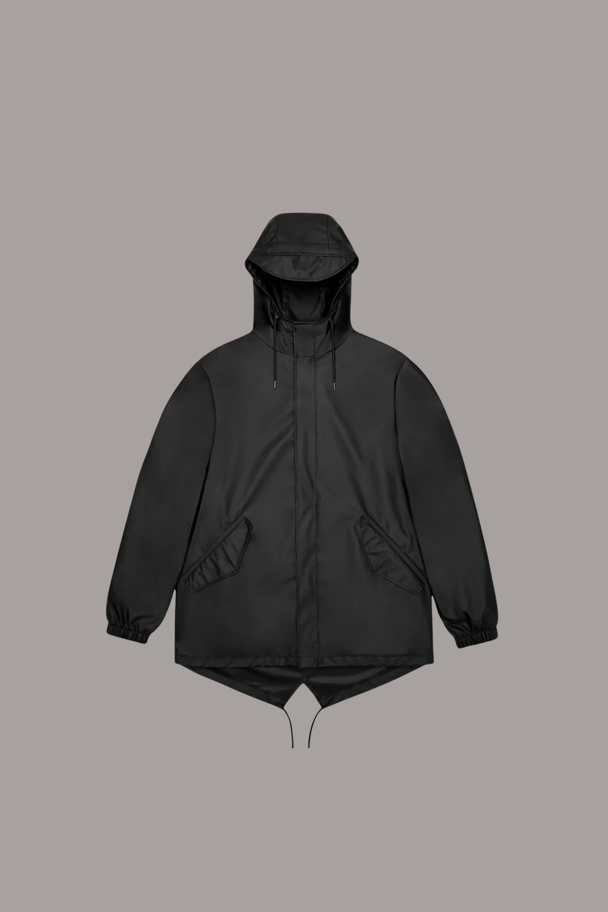 Rains fishtail jacket W3 in black. Front flatlay view